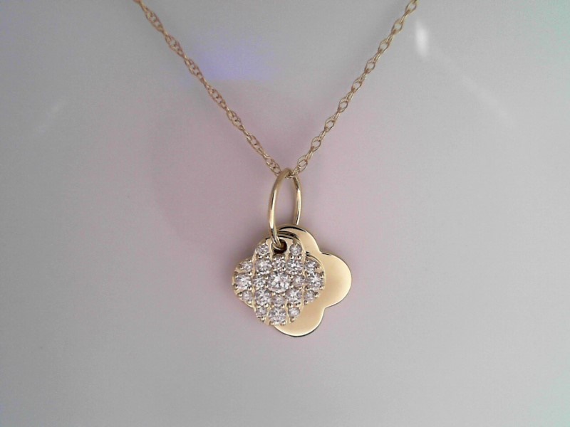 14K YELLOW GOLD DOUBLE CLOVER PENDANT ONE POLISHED AND ONE WITH .25CTTW ROUND I1 CLARITY & HI COLOR DIAMOND ON A PENDNAT CHAIN