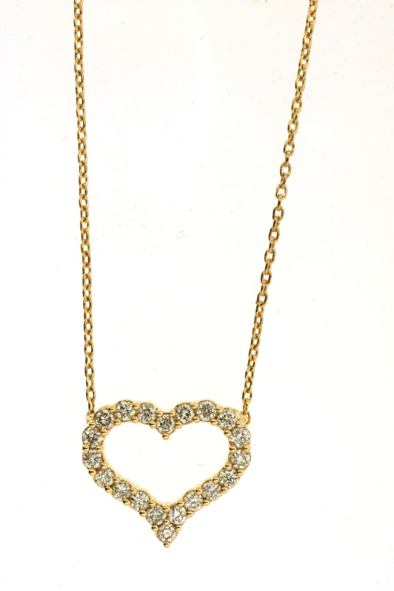 14K YELLOW GOLD OPEN HEART PENDANT SET WITH .25CTTW ROUND I1 CLARITY & HI CLARITY DIAMONDS ON A CABLE CHAIN