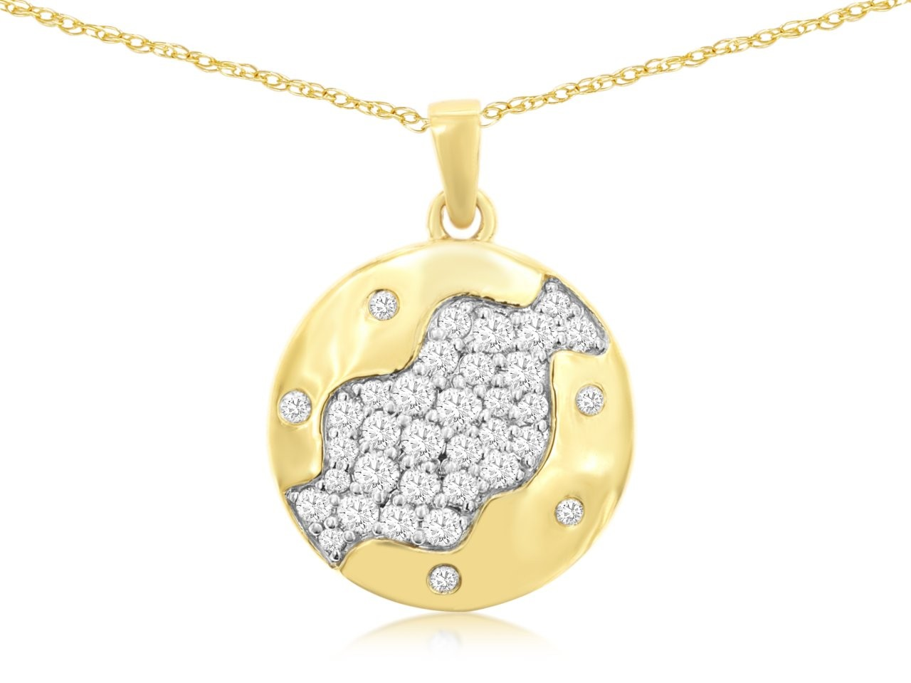 14K YELLOW GOLD ROUND DISC PENDANWITH .50CTTW ROUND I1 CLARITY & HI COLOR DIAMONDS ON A 16/17/18
