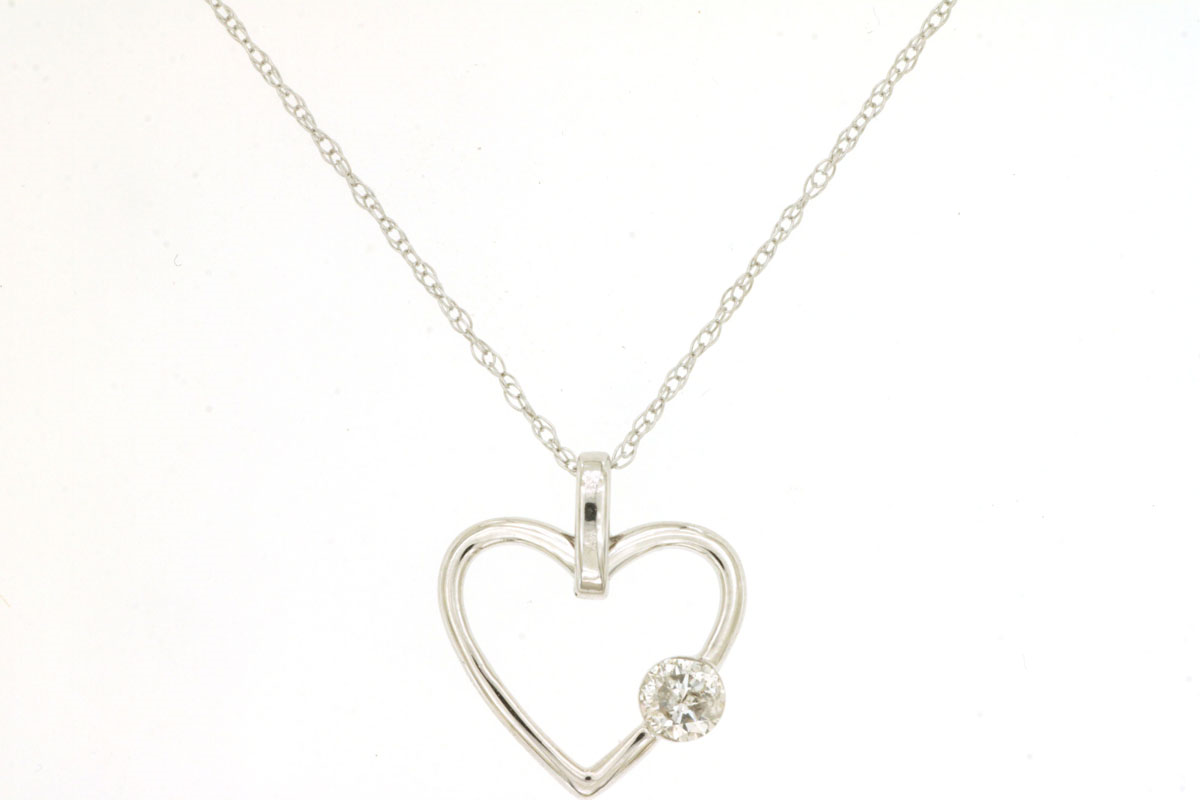14K WHITE GOLD OPEN HEART PENDANT WITH A .10CT ROUND BRILLIANT I1 CLARITY & HI COLOR DIAMOND ON A PENDANT CHAIN