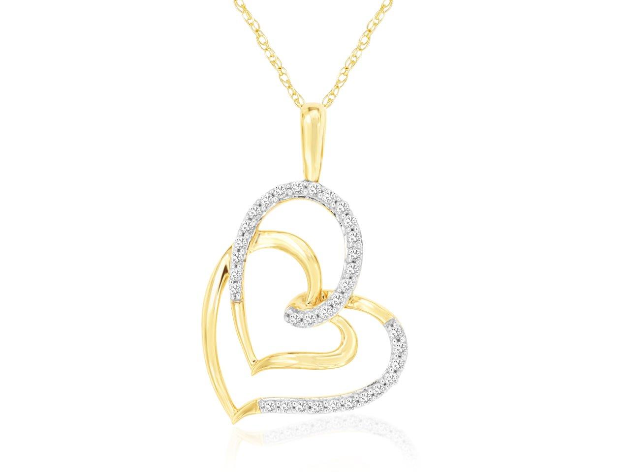 14K YELLOW GOLD INTERLOCKING HEARTS PENDANT WITH .16CTTW ROUND I1 CLARITY & HI COLOR DIAMONDS ON A PENDANT CHAIN