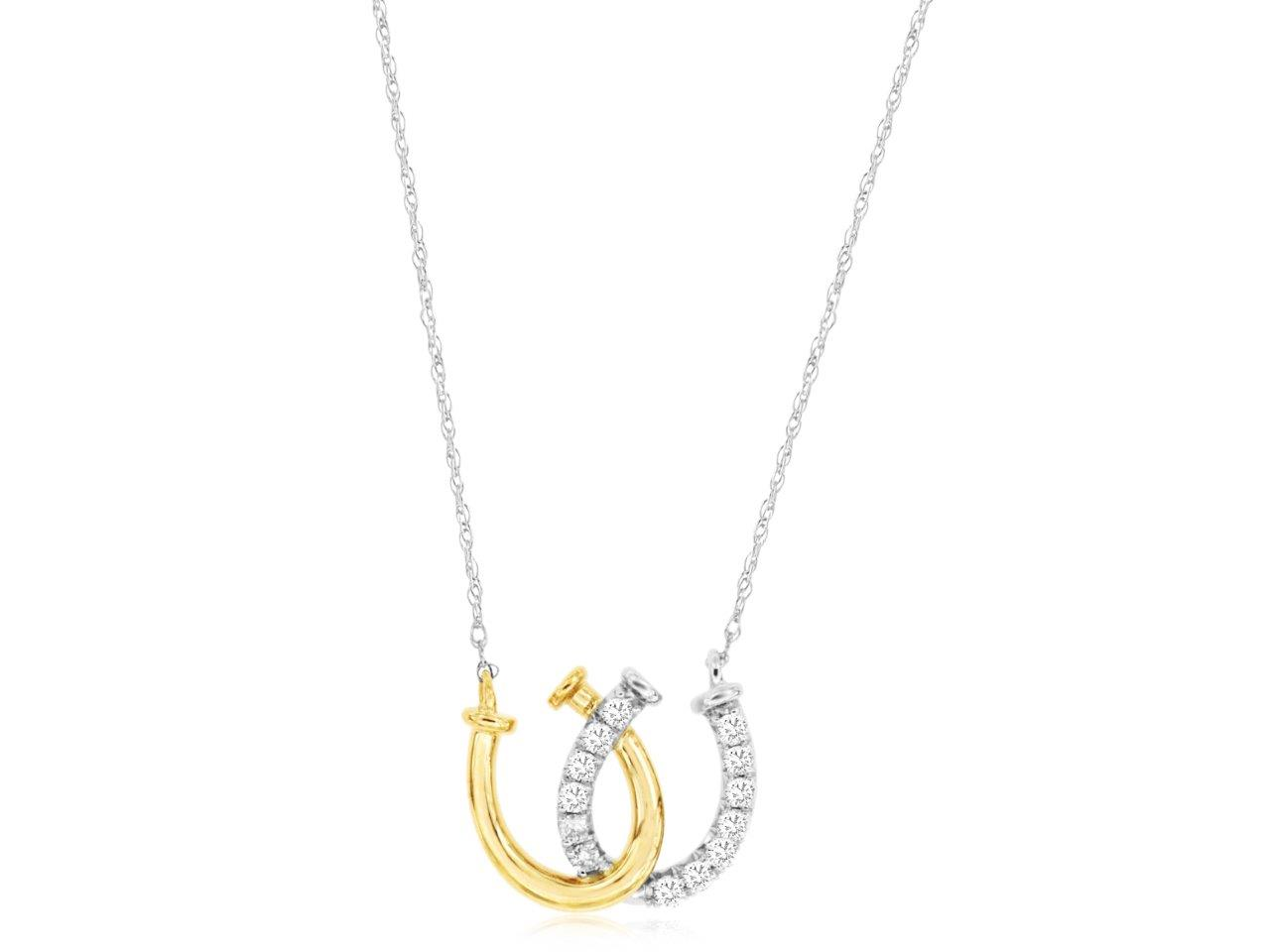 14K WHITE GOLD DOUBLE HORSESHOE PENDANT WITH .15CTTW ROUND I1 CLARITY & HI COLOR DIAMONDS AND A 14K YELLOW GOLD POLISHED HORSESHOE ON A PENDANT CHAIN