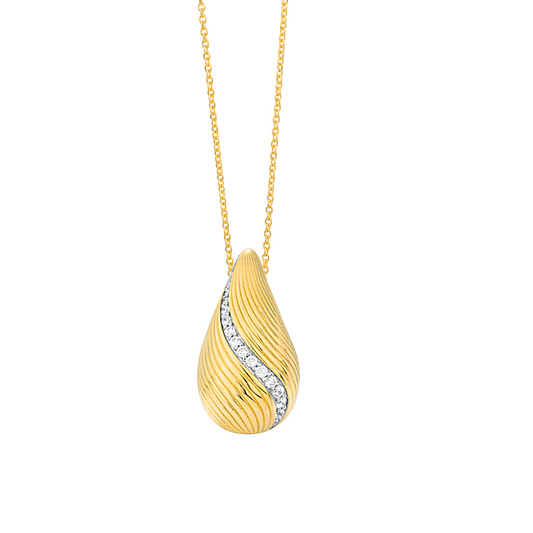 14K YELLOW GOLD TEXTURED SWIRL DESIGN PEAR SHAPED DROP PENDANT WITH .14CTTW ROUND SI CLARITY & GH COLOR DIAMONDS ON AN 18" CABLE CHAIN
