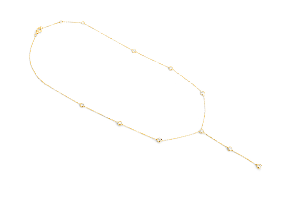14K YELLOW GOLD Y NECKLACE WITH 9 .75CTTW ROUND BEZEL SET SI CLARITY & GH COLOR DIAMONDS ON AN 18" CABLE CHAIN