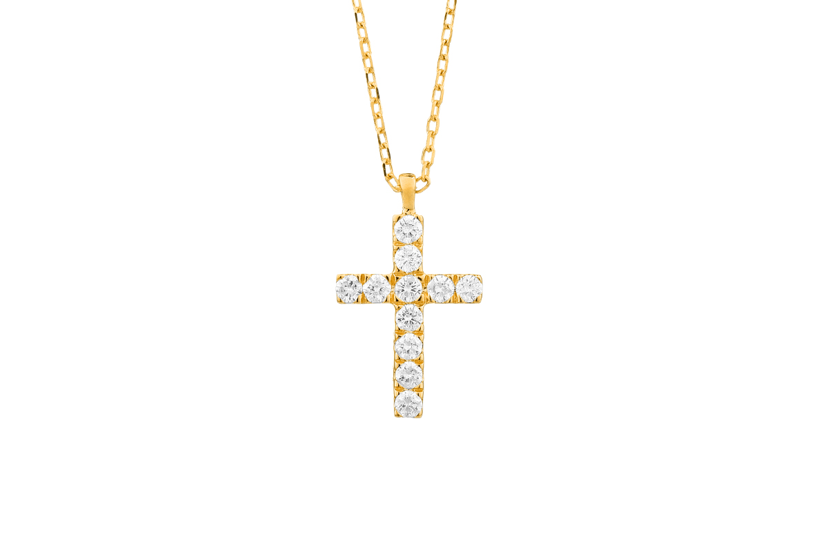 14K YELLOW GOLD CROSS NECLACKE WITH .20CTTW ROUND SI CLARITY & GH COLOR DIAMONDS ON AN 18" CABLE CHAIN