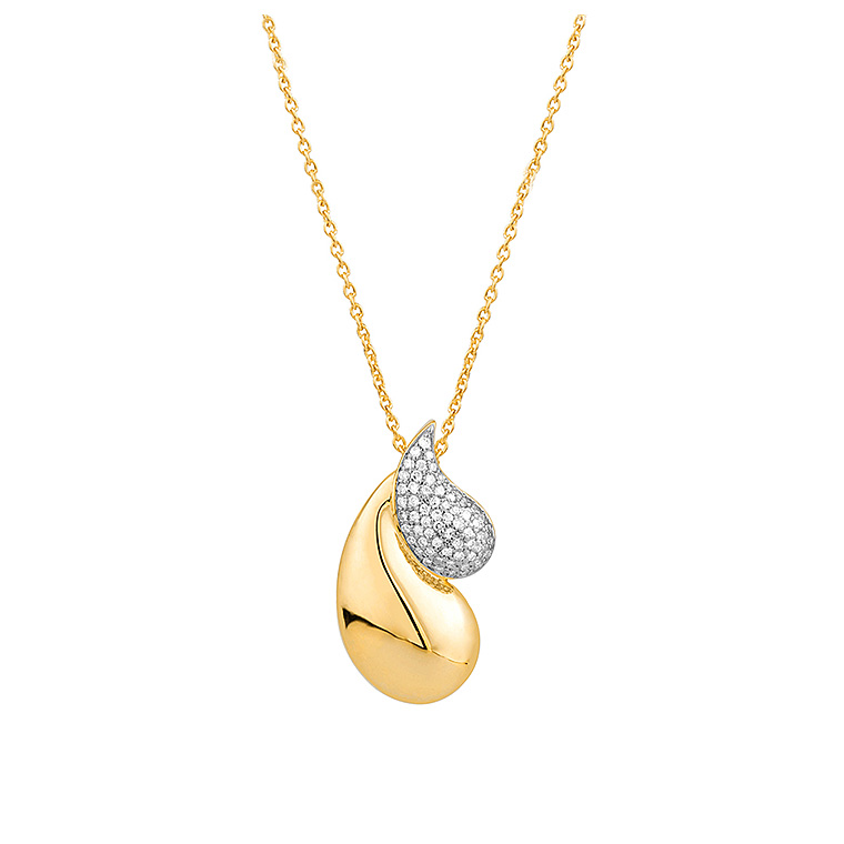 14K YELLOW GOLD POLISHED TEARDROP PENNDANT WITH .19CTTW ROUND SI CLARITY & GH COLOR DIAMOND SET ON THE TOP ON AN 18" CABLE CHAIN
