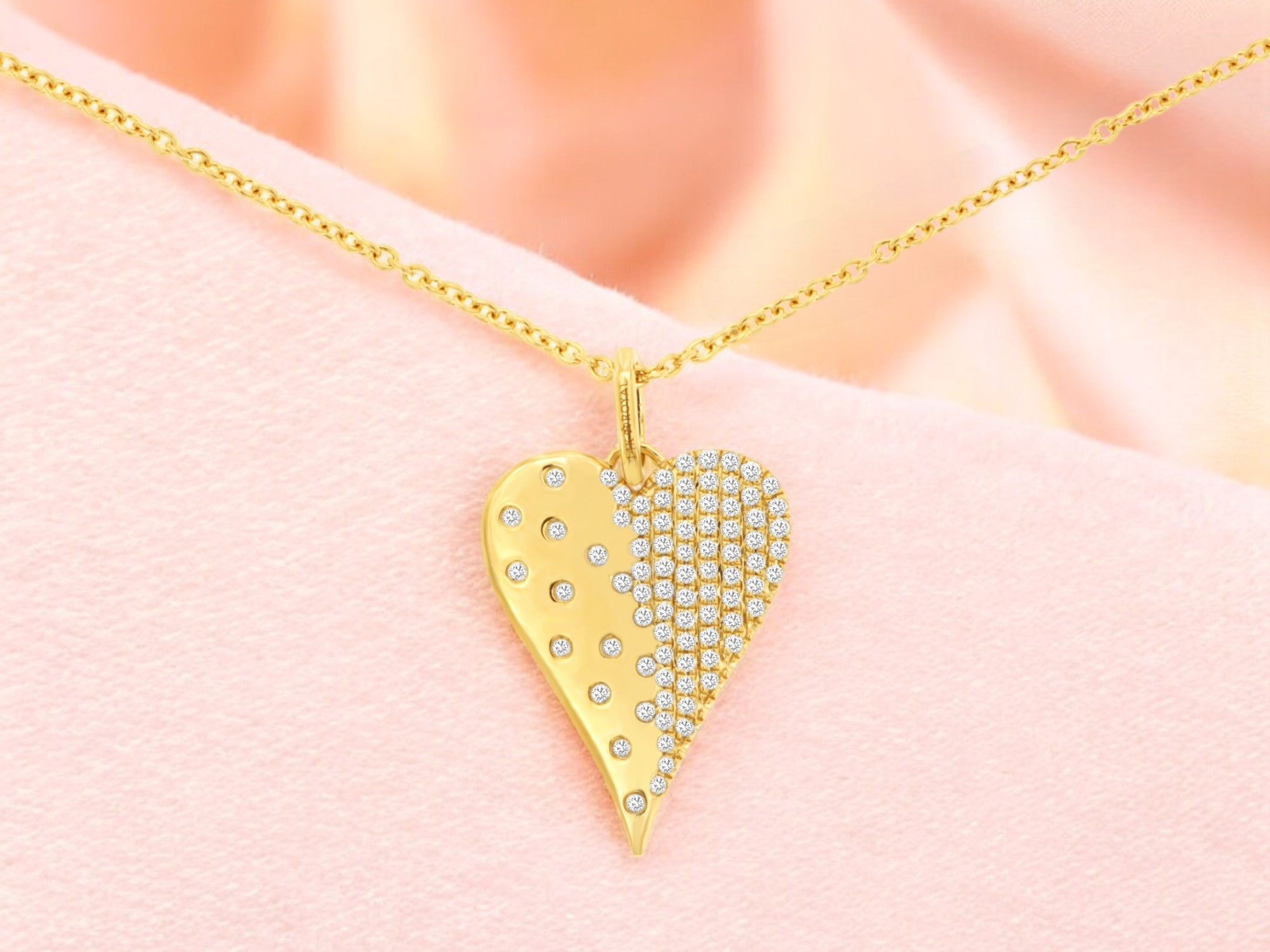 14K YELLOW GOLD HEART PENDANT WITH .24CTTW ROUND I1 CLARITY & HI COLOR FLUSH SET DIAMONDS ON A CABLE CHAIN