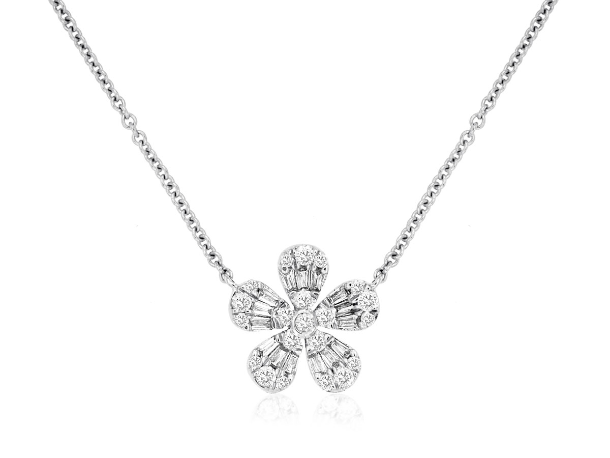 14K WHITE GOLD FLOWER PENDANT WITH .28CTTW ROUND AND BAGUETTE I1 CLARITY & HI COLOR DIAMONDS ON A CABLE CHAIN