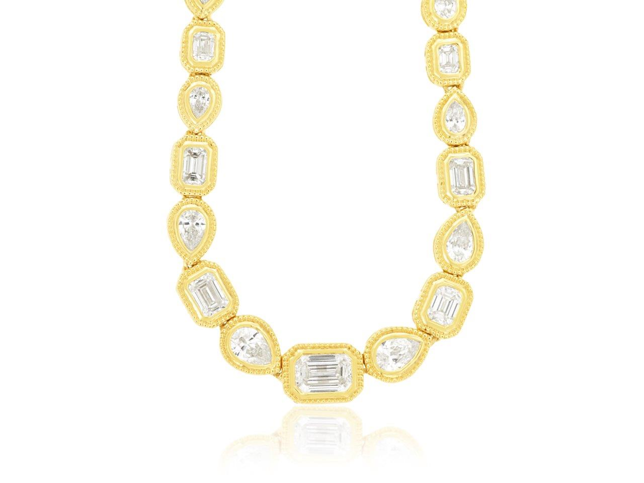 14K YELLOW GOLD BEADED LINK NECKLACE WITH 2.5CTTW PEAR AND RECTANGLE SHAPED I1 CLARITY & HI COLOR BEZEL SET DIAMONDS IN THE FRONT AND POLISHED LINKS IN THE BACK