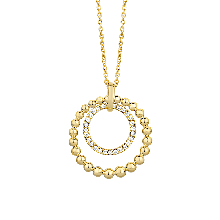 14K YELLOW GOLD BEADED CIRCLE PENDANT WITH .15CTTW ROUND SI CLARITY & HI COLOR SET IN THE INNER RING ON A 16/18" CABLE CHAIN