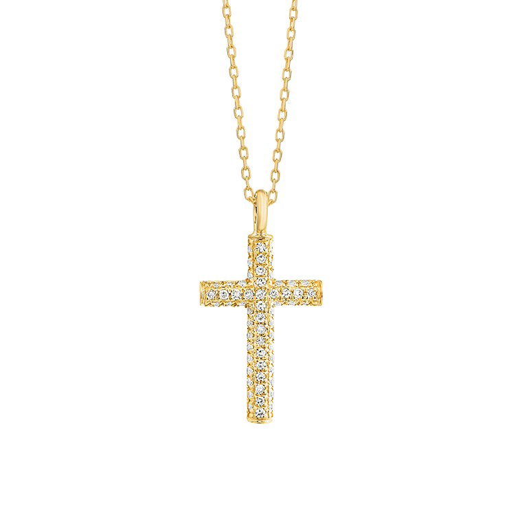 14K YELLOW GOLD SMALL CROSS PENDANT WITH .15CTTW ROUND SI CLARITY & HI COLOR DIAMONDS SET ON THREE SIDES ON A 16/18" CABLE CHAIN