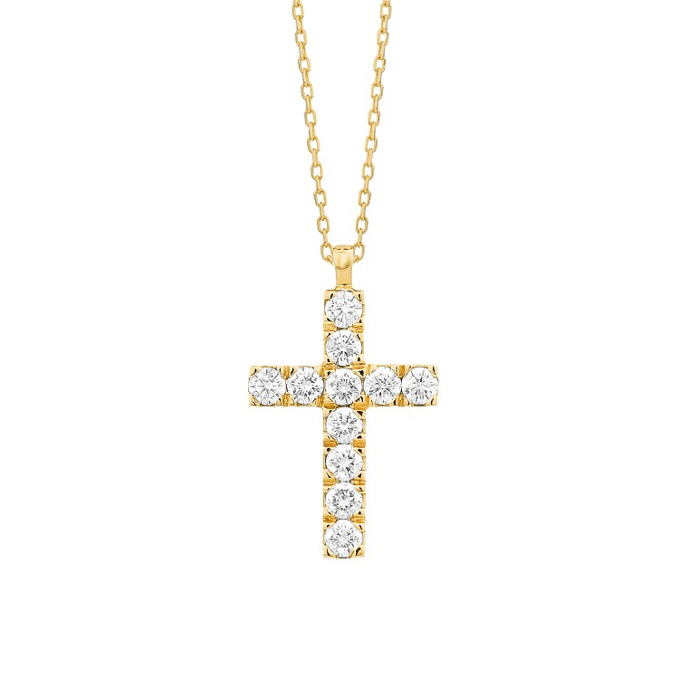 14K YELLOW GOLD .40CTTW ROUND SI CLARITY & H COLOR ROUND BRILLIANT DIAMOND CROSS PENDANT ON AN 18