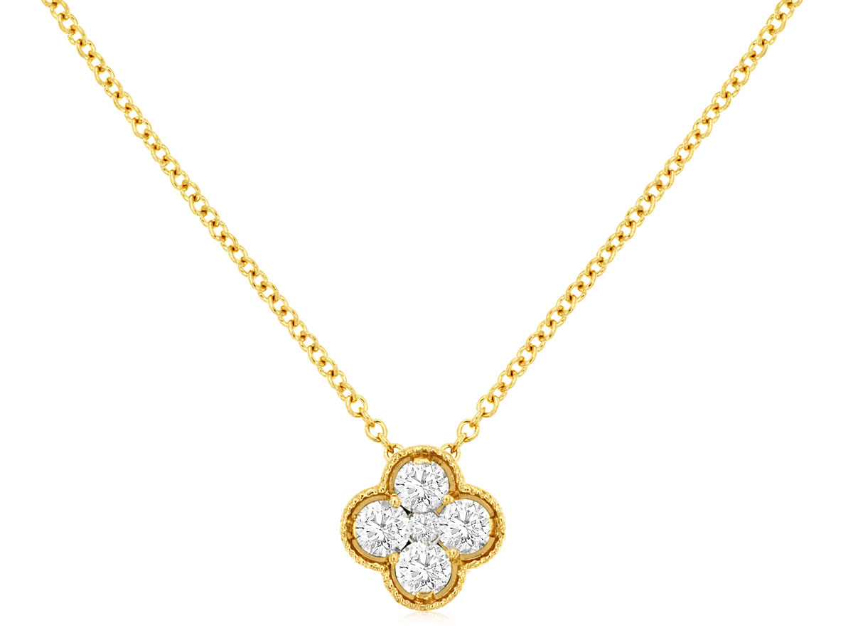 14K YELLOW GOLD MILIGRAIN CLOVER PENDANT WITH .26CTTW ROUND I1 CLARITY & HI COLOR DIAMONDS ON A PENDANT CHAIN
