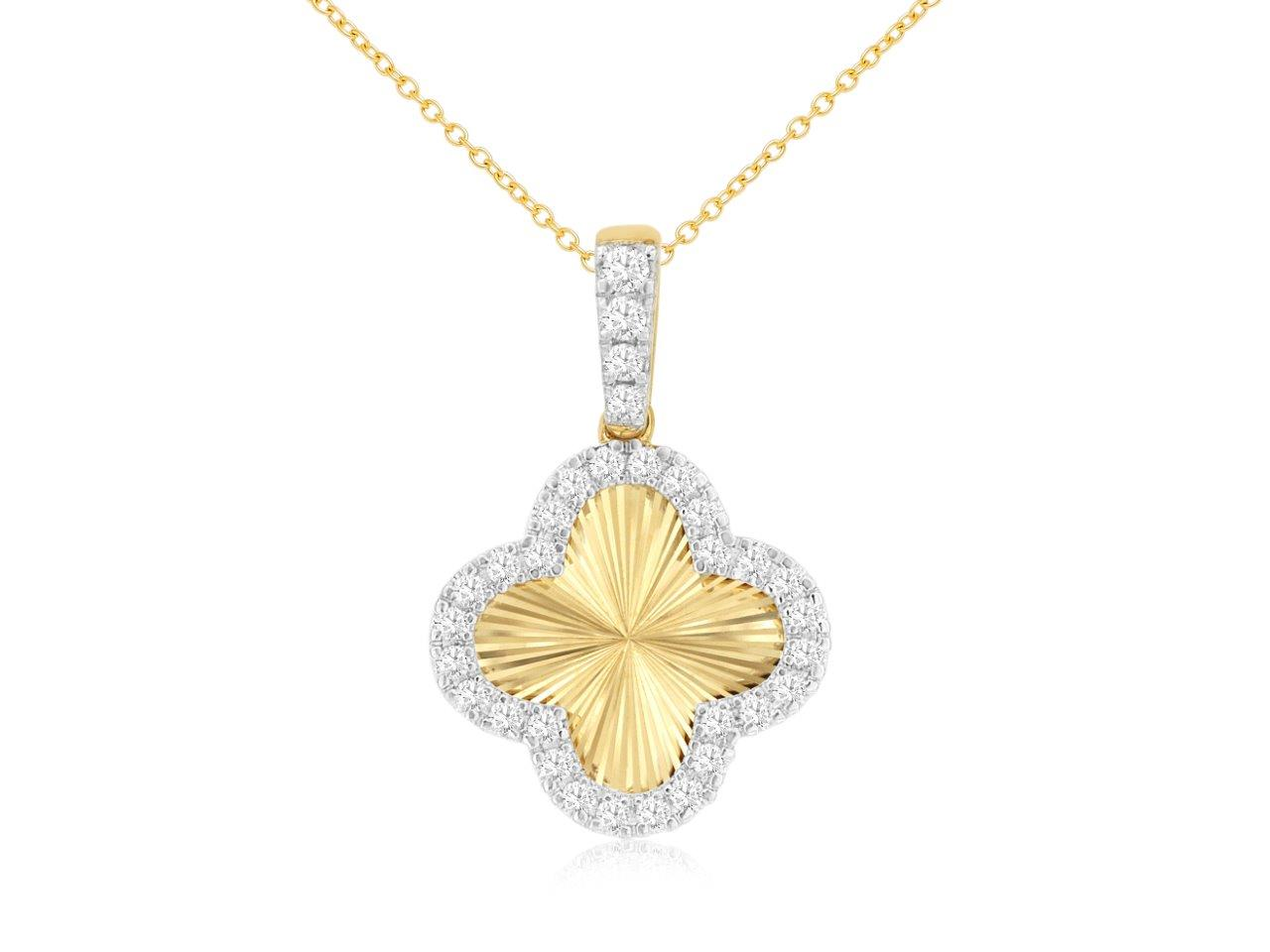 14K YELLOW GOLD TEXTUTED CLOVER PENDANT WITH .355CTTW ROUND I1 CLARITY & HI COLOR IDAMONDS SET IN THE HALO AND BAIL ON A PENDANT CHAIN
