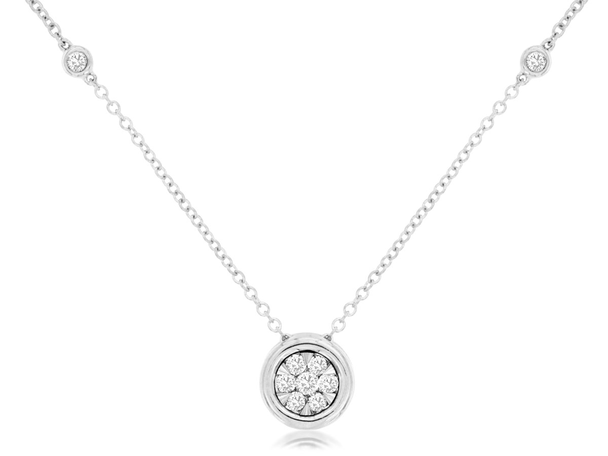 14K WHITE GOLD 5 STARTION NECKLACE WITH .25CTTW ROUND I1 CLARITY & HI COLOR DIAMONDS BEZEL SET IN THE CHAIN AND CENTER CLUSTER