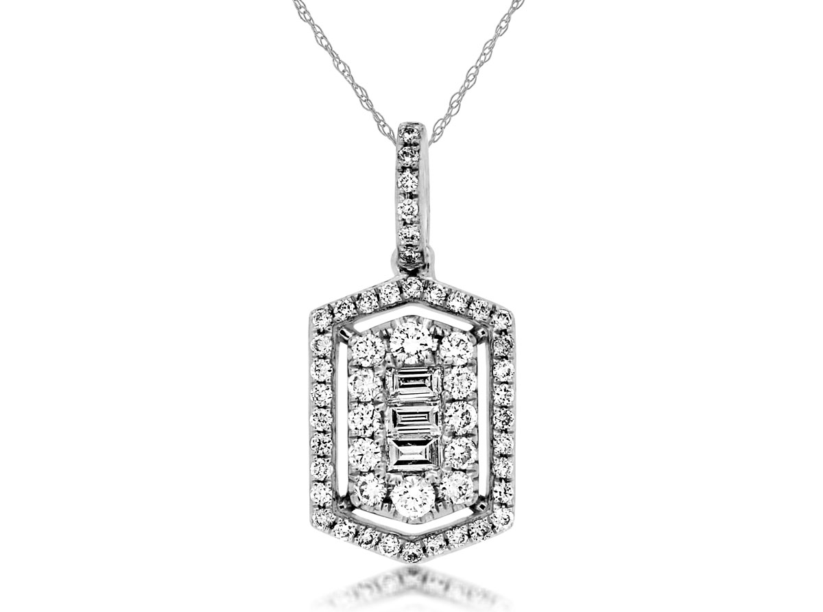 14K WHITE GOLD CLUSTER PENDANT WITH .35CTTW ROUND AND .11CTTW BAGUETTE I1 CLARITY & HI COLOR DIAMONDS ON AN PENADNT CHAIN