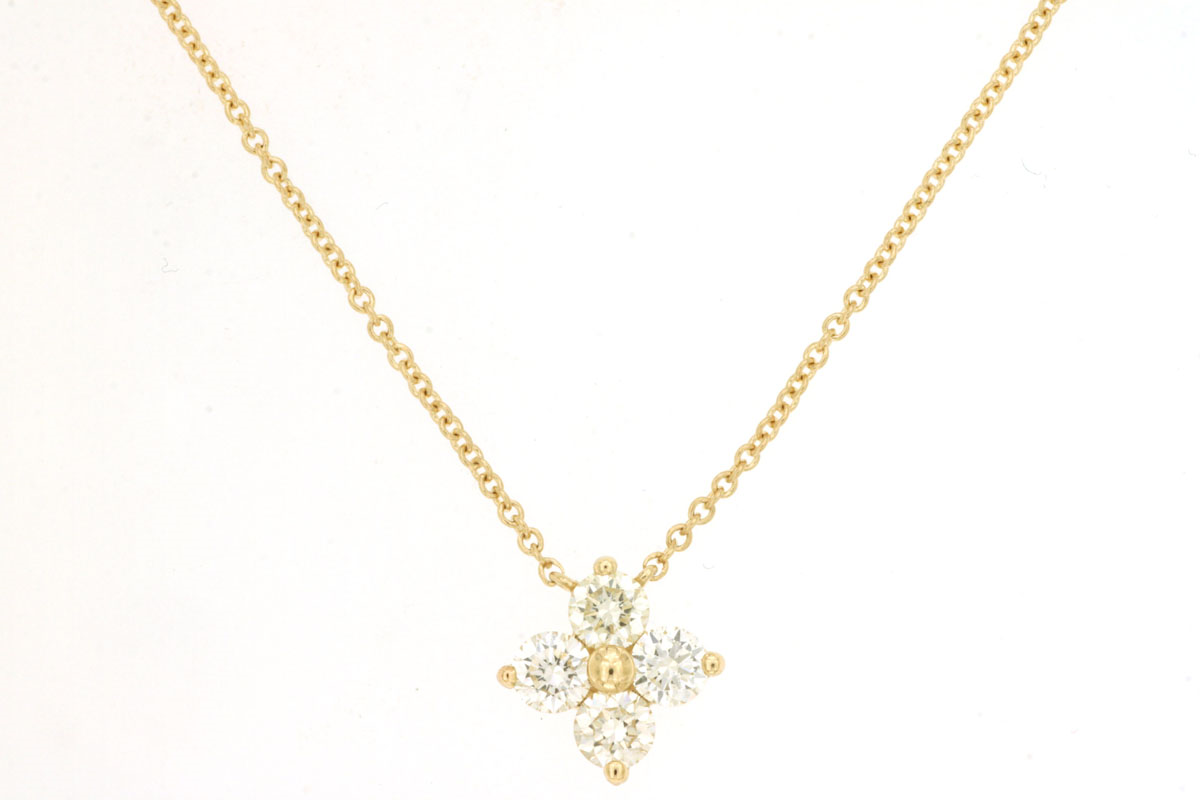 14K YELLOW GOLD CLOVER PENDANT WITH .41CTTW ROUND I1 CLARITY & HI COLOR DIAMONDS ON AN 18