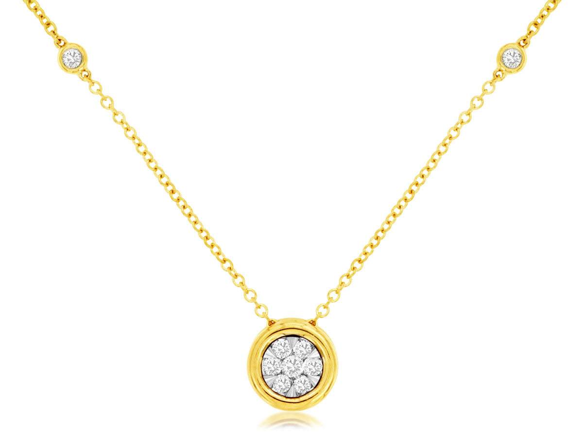 14K YELLOW GOLD DIAMONDS BY THE YARD NECKLACE WITH A CLUSTER PENDANT SET WITH .25CTTW ROUND I1 CLARITY & HI COLOR DIAMONDS