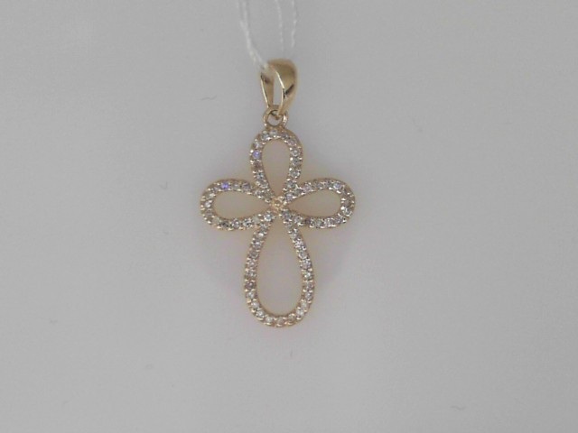 14K YELLOW GOLD OPEN ROUNDED CROSS PENDANT WITH.20CTTW ROUND I1 CLARITY & HI COLOR DIAMONDS