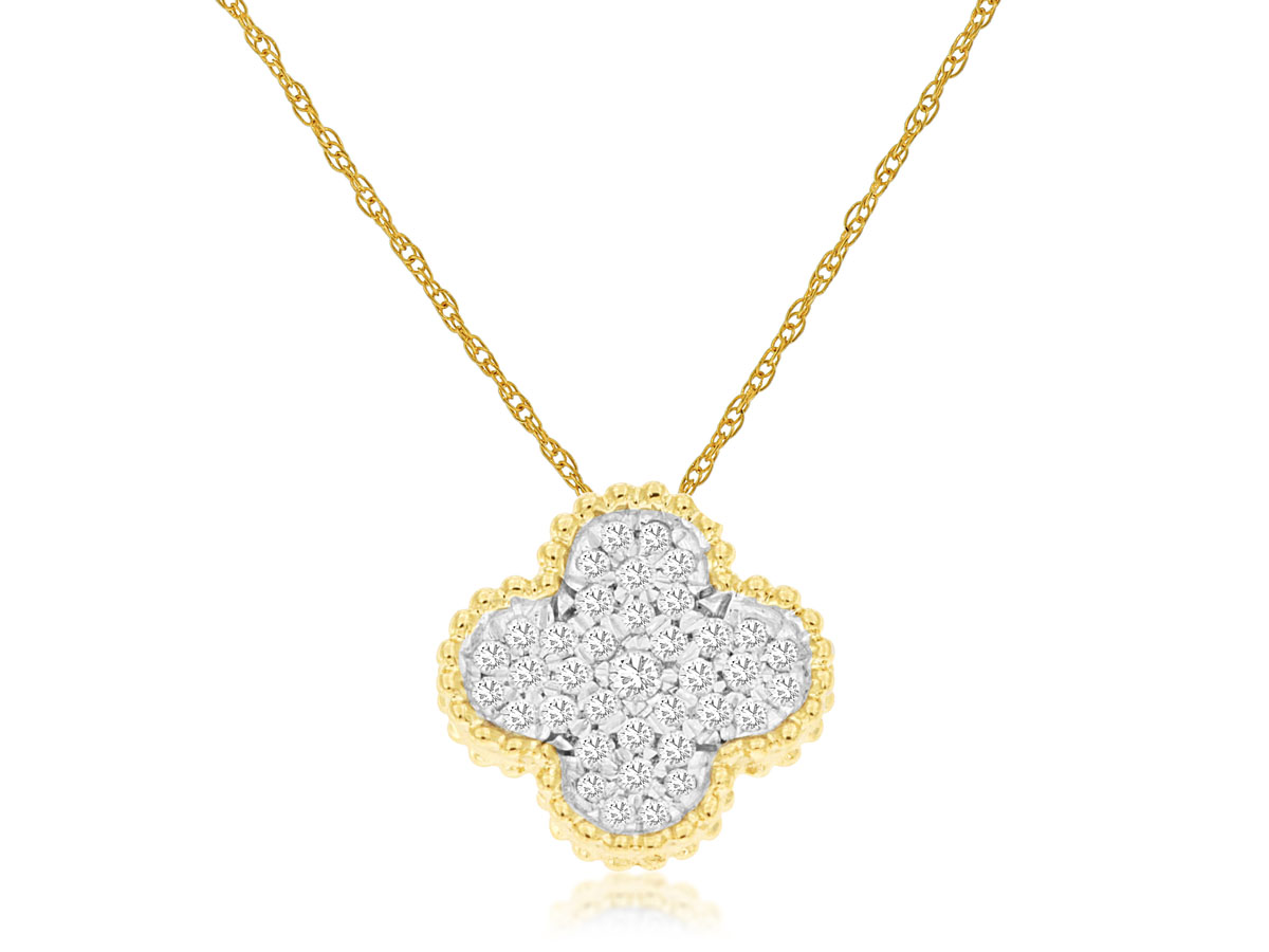 14K YELLOW GOLD BEADED CLOVER PENDANT WITH .18CTTW ROUND I1 CLARITY & HI COLOR DIAMONDS ON A PENDANT CHAIN