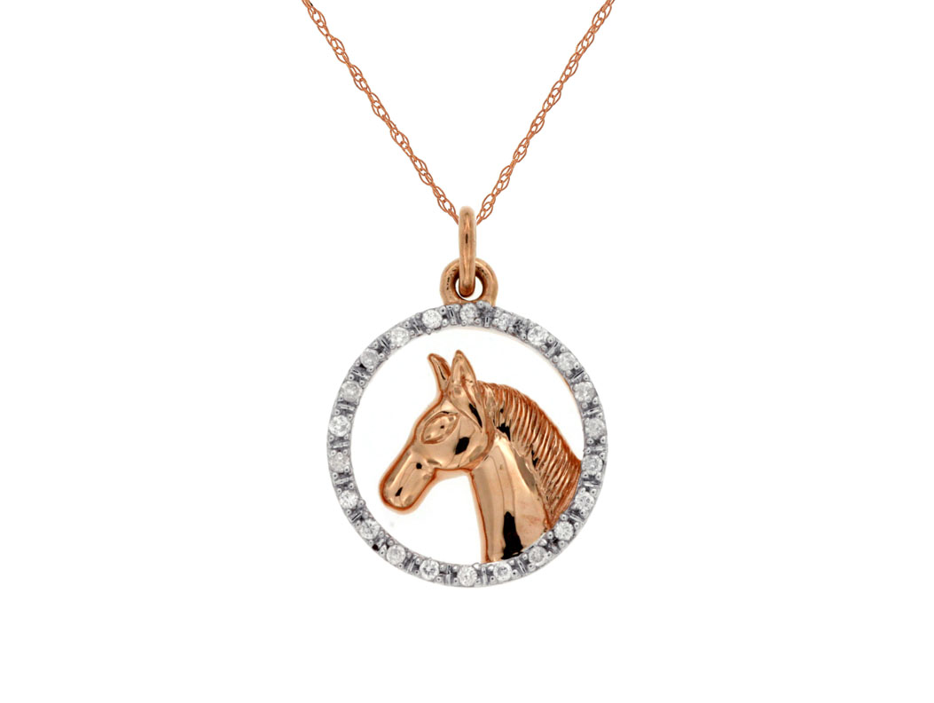 14K ROSE GOLD HORSE HEAD PENDANT WITH .07CTTW ROUND I1 CLARITY & HI COLOR DIAMOND HALO ON AN 18