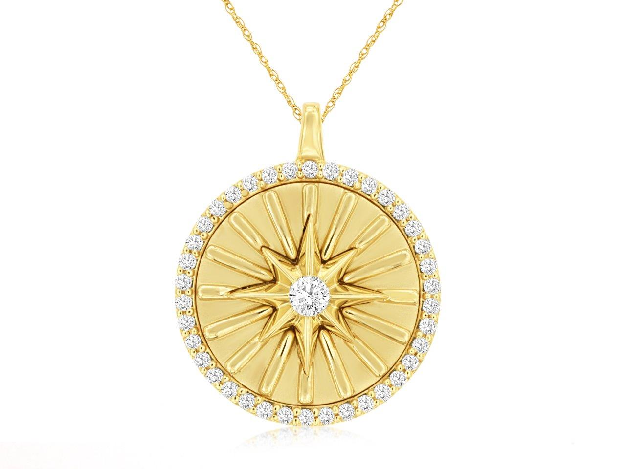 14K YELLOW GOLD DISC PENDANT WITH STAR DESIGNAND .26CTTW ROUND I1 CLARITY & H COLOR DIAMONDS SET IN THE HALO AND CENTER ON A PENDANT CHAIN