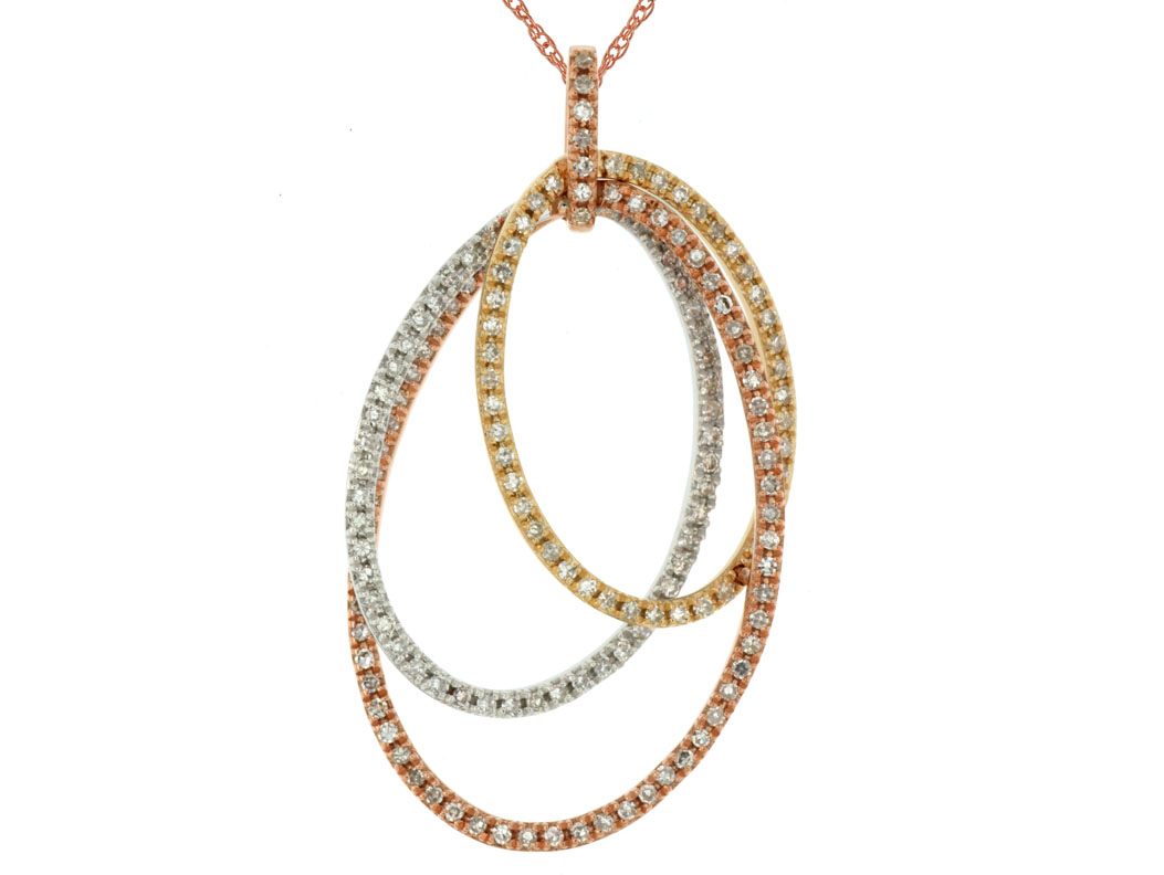 14K TRI GOLD OVAL PENDANT WITH .60CTTW ROUND I1 CLARITY & H COLOR DIAMONDS ON A PENDANT CHAIN