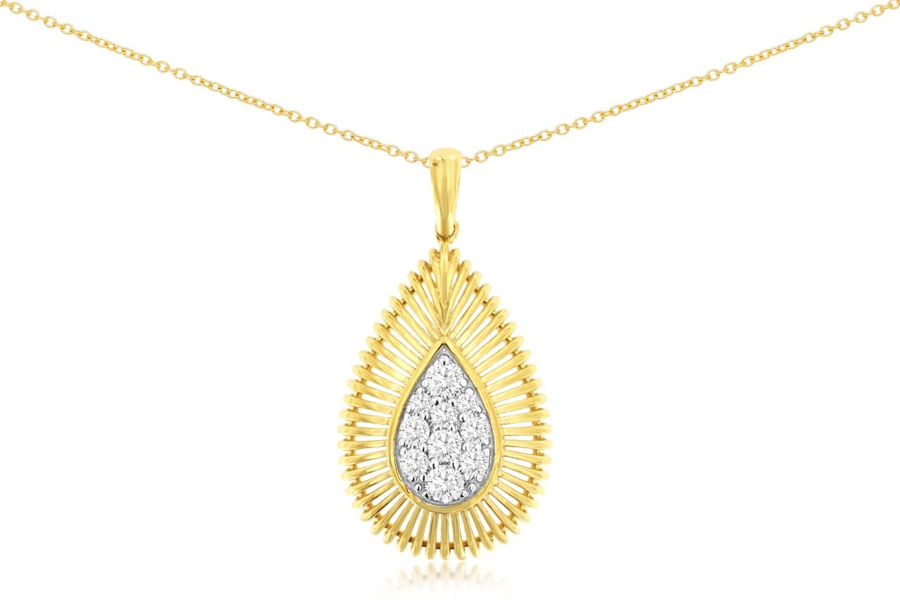 14K YELLOW GOLD PEAR SHAPED PENDANT WITH .25CTTW ROUND I1 CLARITY & HI COLOR DIAMONDS SET IN THE CENTER ON A PENDANT CHAIN
