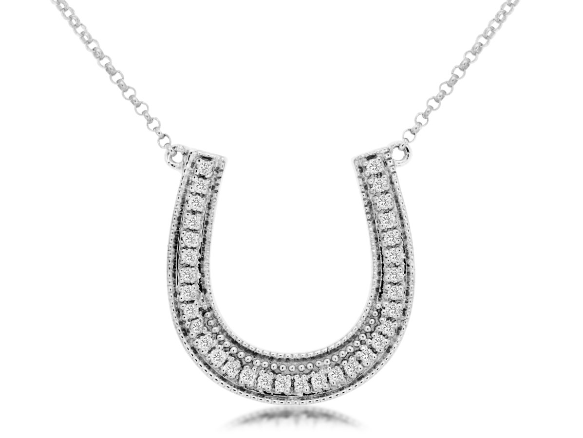 14K WHITE GOLD HORSESHOE PENDANT WITH .18CTTW I1 CLARITY & HI COLOR  ROUND DIAMONDS ON AN 18