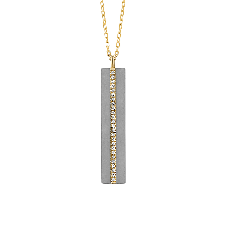 TITANIUM BAR PENDANT WITH .08CTTW ROUND SI CLARITY & GH COLOR DIAMONDS SET DOWN THE CENTER IN 14K YELLOW GOLD WITH A 16/17/18" DIAMOND CUT CABLE CHAIN