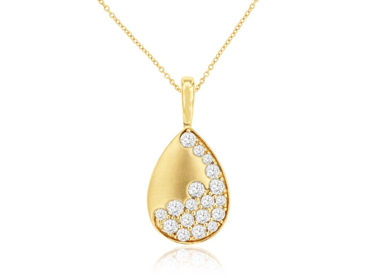 14K YELLOW GOLD SATIN FINISH PEAR SHAPED PENDANT SET WITH .50CTTW ROUND I1 CLARITY & HI COLOR DIAMONDS ON A PENDANT CHAIN