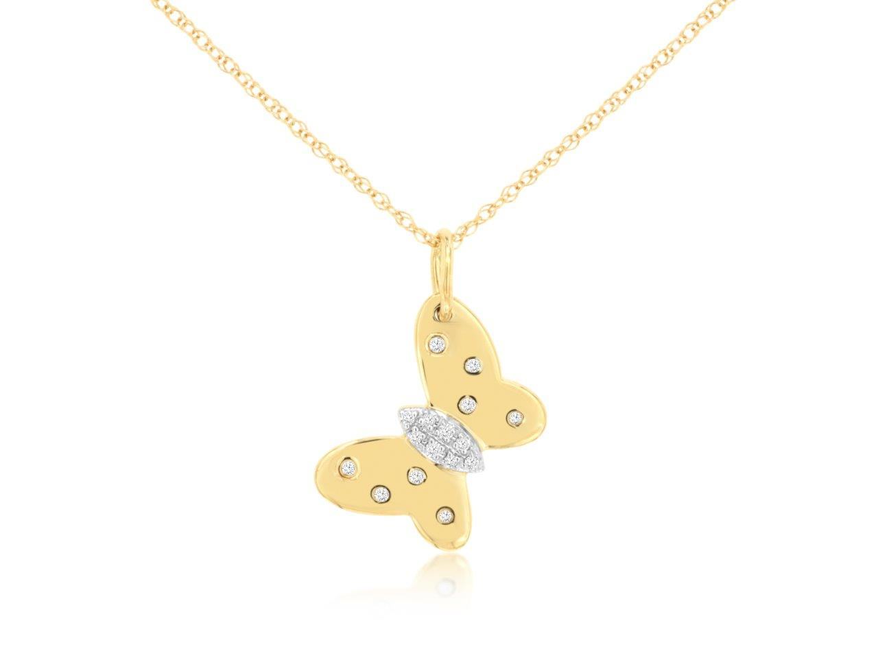 14K YELLOW GOLD BUTTERLFLY PENDANT WITH .05CTTW ROUND I1 CLARITY & HI COLOR DIAMONDS ON A PENDANT CHAIN