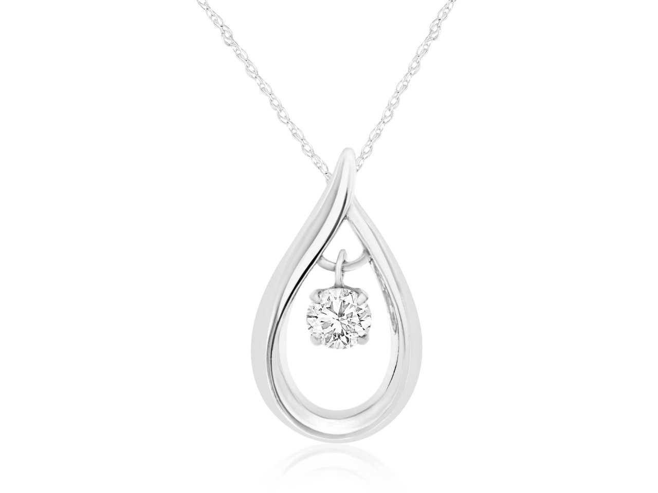14K WHITE GOLD OPEN PEAR SHAPED PENDANT WITH A .15CT ROUND I1 CLARITY & HI COLOR DIAMOND DENGLING IN THE CENTER FEATURED ON A PENDANT CHAIN