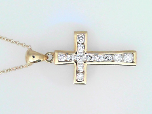 14K YELLOW GOLD CROSS PENDANT WITH .54CTTW ROUND I1 CLARITY & HI COLOR DIAMONDS ON AN 18" CABLE CHAIN