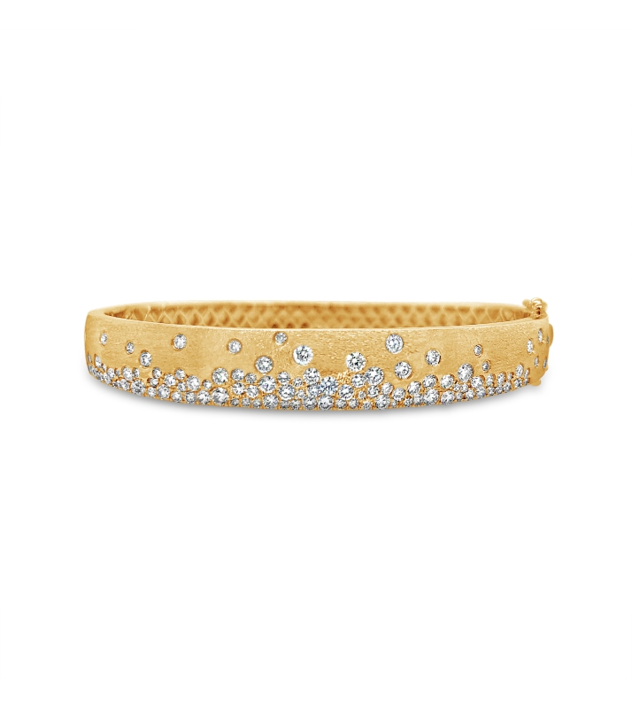 14K YELLOW GOLD CONFETTI SATIN FINISH BANGLE BRACELET WITH 1.88CTTW ROUND SI CLARITY & GH COLOR DIAMONDS