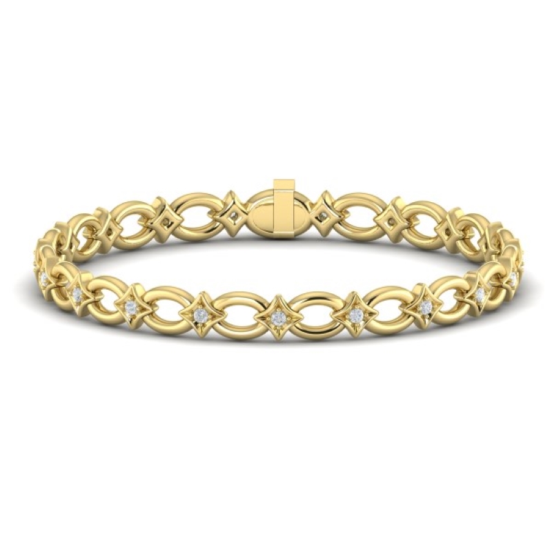 14K YELLOW GOLD "ESTRELLA" BRACELET WITH .55CTTW ROUND SI CLARITY & GH COLOR DIAMONDS SET IN SQUARES ALTERNATING WITH OPEN OVALS