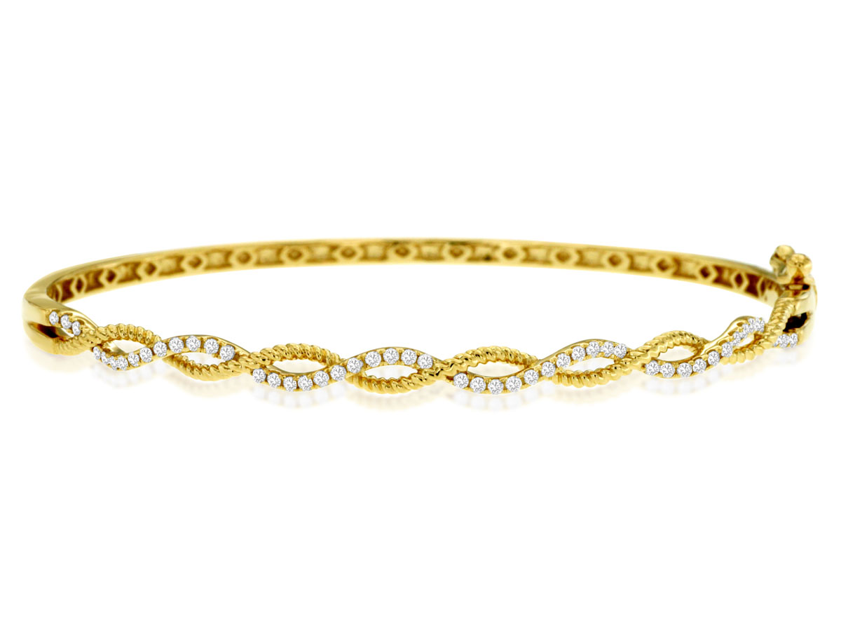 14K YELLOW GOLD TWIST TOP BANGLE WITH BEADED ROW AND .36CTTW ROUND I1 CLARITY & HI COLOR DIAMONDS