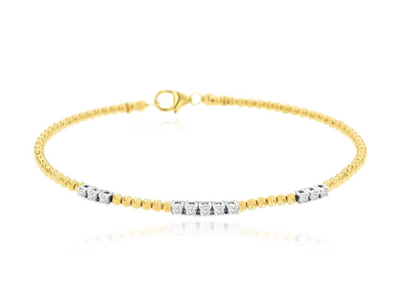 14K YELLOW GOLD BEADED FLEX BANGLE WITH THREE STATIONS OF .35CTTW ROUND I1 CLARITY & HI COLOR DIAMONDS
