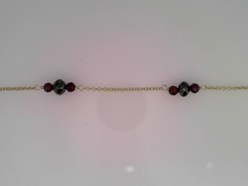 14K YELLOW GOLD CABLE CHAIN STATION BRACELET WITH FACETED BLACK DIAMONDS AND GARNETS WITH A LOBSTER CLASP