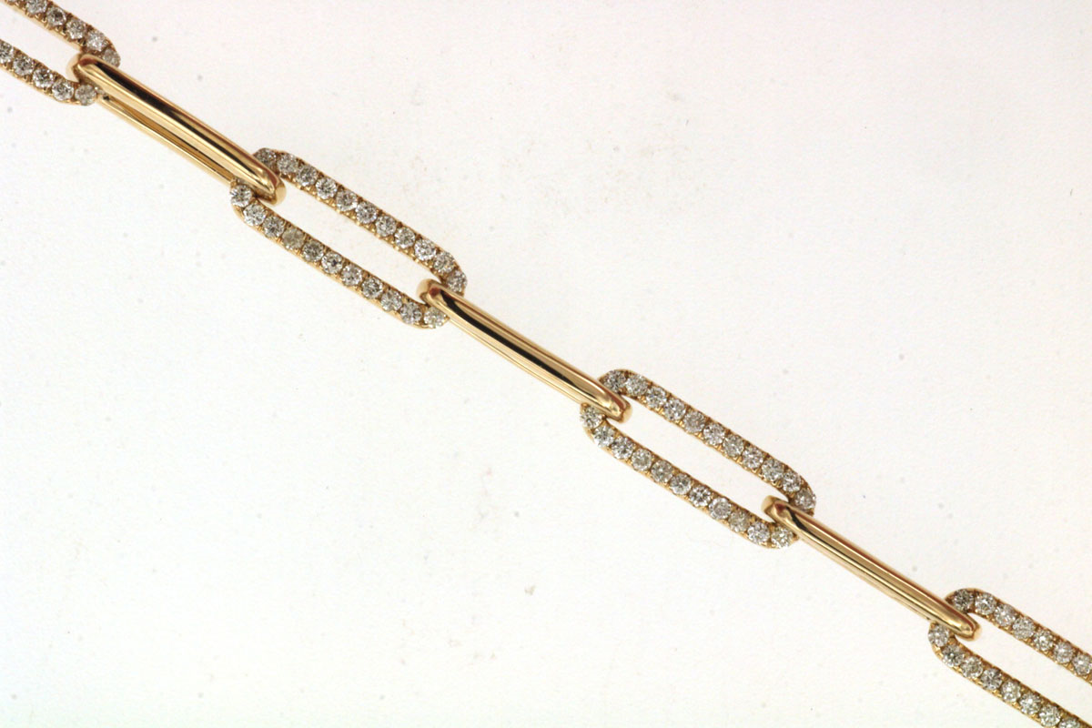 14K YELLOW GOLD PAPERCLIP BRACELET SET WITH .90CTTW ROUND I1 CLARITY & HI COLOR DIAMONDS ALTERNATING WITH POLISHED LINKS
