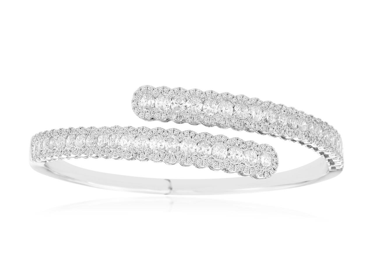 14K WHITE GOLD BYPASS BANGLE BRACELET WITH 5.3CTTW ROUND AND OVAL I1 CLARITY & HI COLOR DIAMONDS