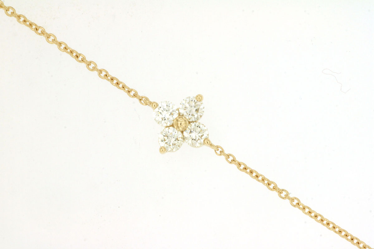 14K YELLOW GOLD 6.5/7" CABLE CHAIN BRACELET WITH .41CTTW ROUND I1 CLARITY & HI COLOR DIAMONDS SET IN A CLOVER STYLE IN THE CENTER