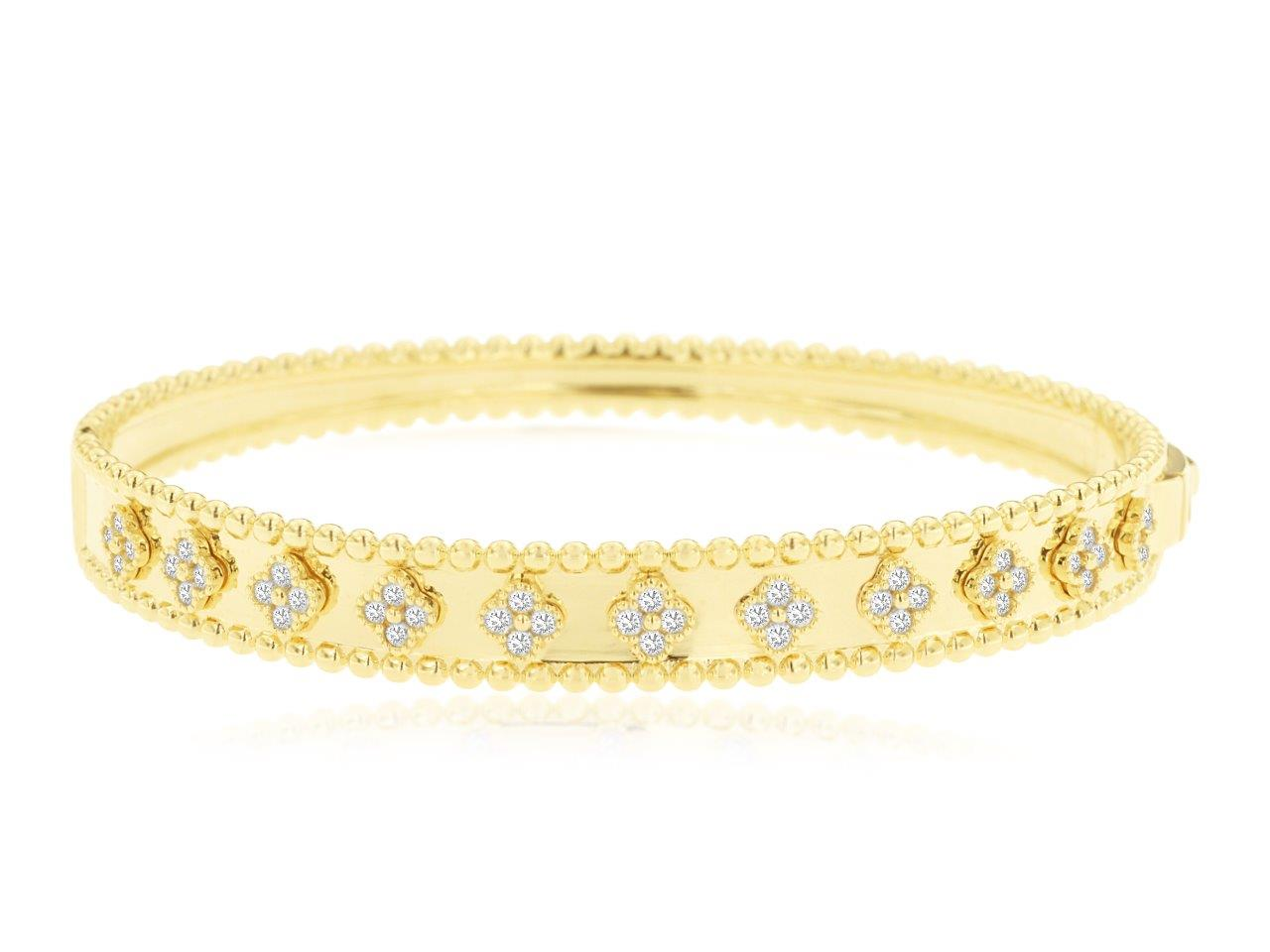 14K YELLOW BEADED EDGE BANGLE WITH .58CTTW ROUND I1 CLARITY & HI COLOR DIAMONDS SET IN CLOVER DESIGNS ACROSS THE TOP