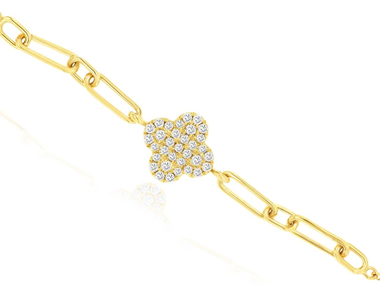 14K YELLOW GOLD CABLE AND LINKED BRACELET WITH A SINGLE CLOVER CENTER SET WITH .15CTTW ROUND I1 CLARITY & HI COLOR DIAMONDS