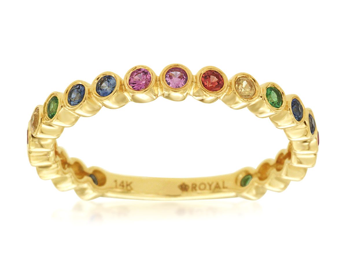 14K YELLOW GOLD BAND WITH .50CTTW ROUND BEZEL SET MULTI COLORED SAPPHIRES