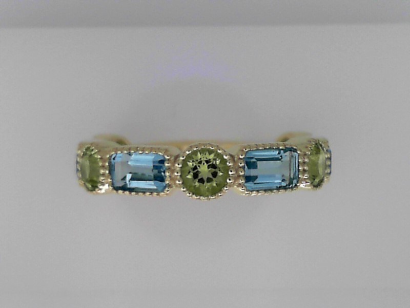 14K GREEN GOLD MILGRAIN TEXTURE STACKABLE BEZEL SET BAND WITH FIVE ROUND PERIDOTS AND 4 EMERALD CUT APATITES