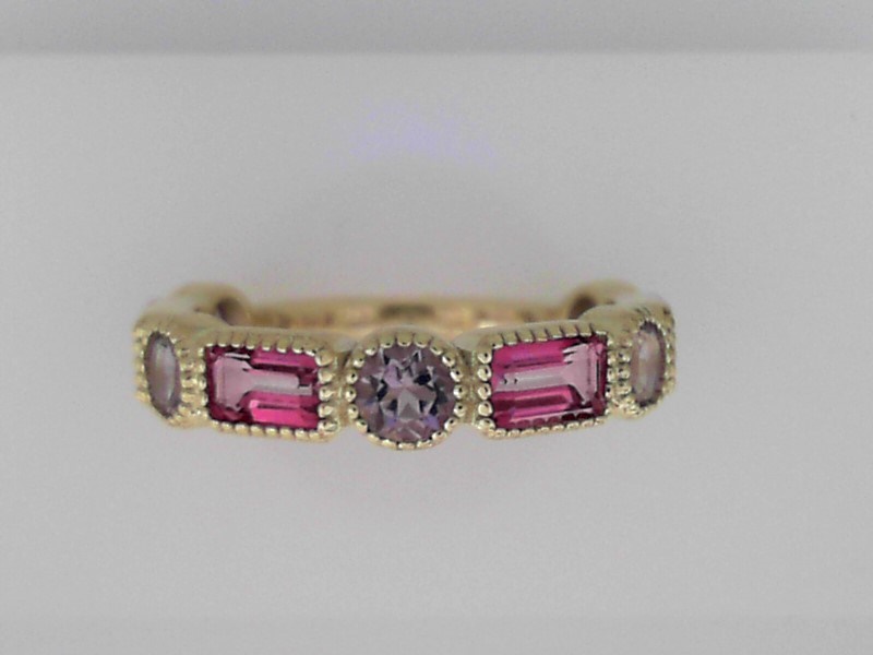 14K GREEN GOLD MILGRAIN TEXTURE BEZEL SET STACKABLE BAND WITH 4 EMERALD CUT PINK TOPAZ AND 5 ROUND LAVENDER AMETHYST