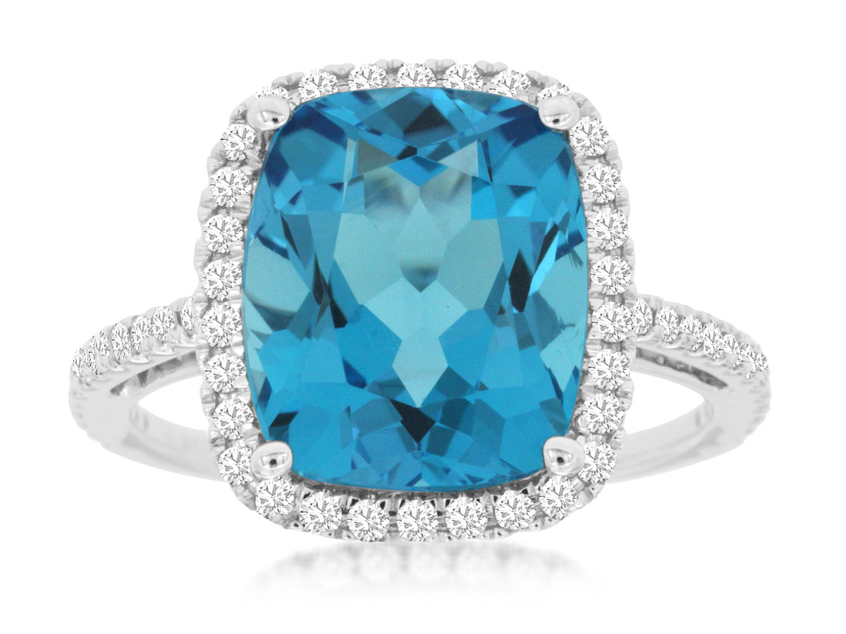 14K WHITE GOLD 6.60CT RECTANGLE BLUE TOPAZ RING WITH .38CTTW ROUND I1 CLARITY & HI COLOR DIAMONDS SET IN THE HALO AND DOWN THE SHANK