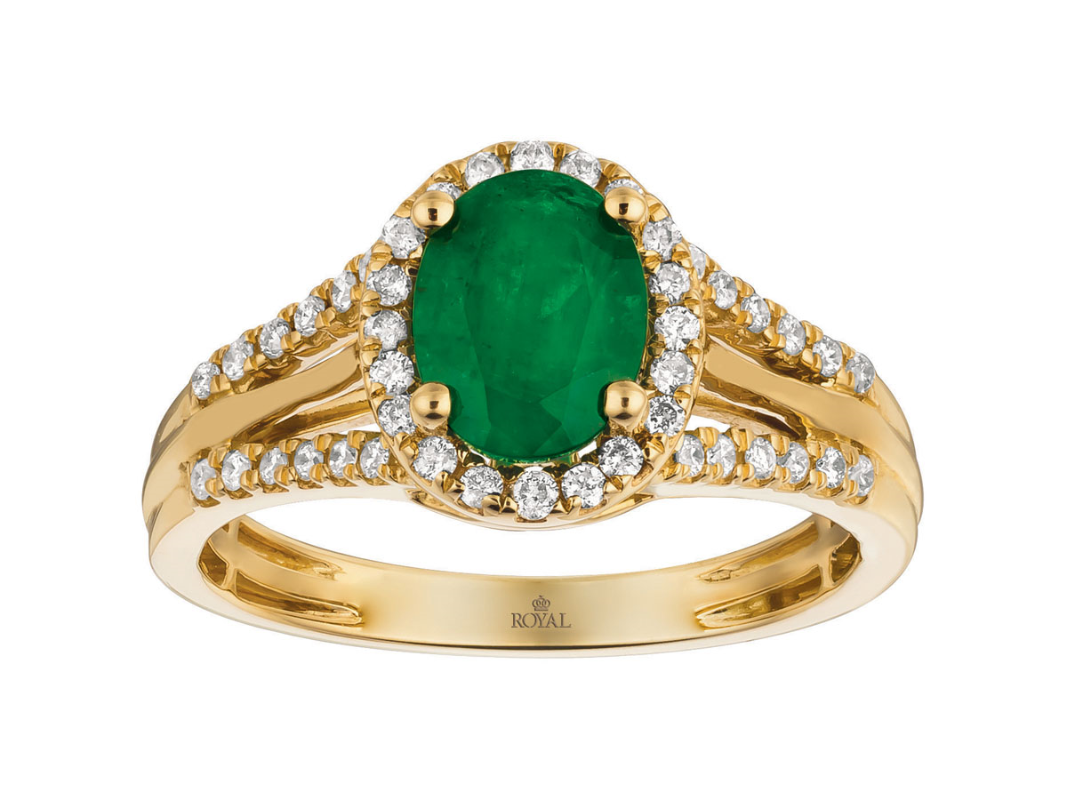 14K YELLOW GOLD 1.10CT OVAL EMERALD RING WITH .30CTTW ROUND I1 CLARITY & HI COLOR DIAMONDS SET IN THE HALO AND SPLIT SHANK