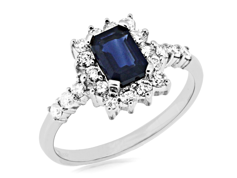 14K WHITE GOLD 1.10CT EMERALD CUT SAPPHIRE RING WITH .50CTTW ROUND I1 CLARITY & HI COLOR DIAMONDS SET IN THE HALO AND DOWN THE SHANK